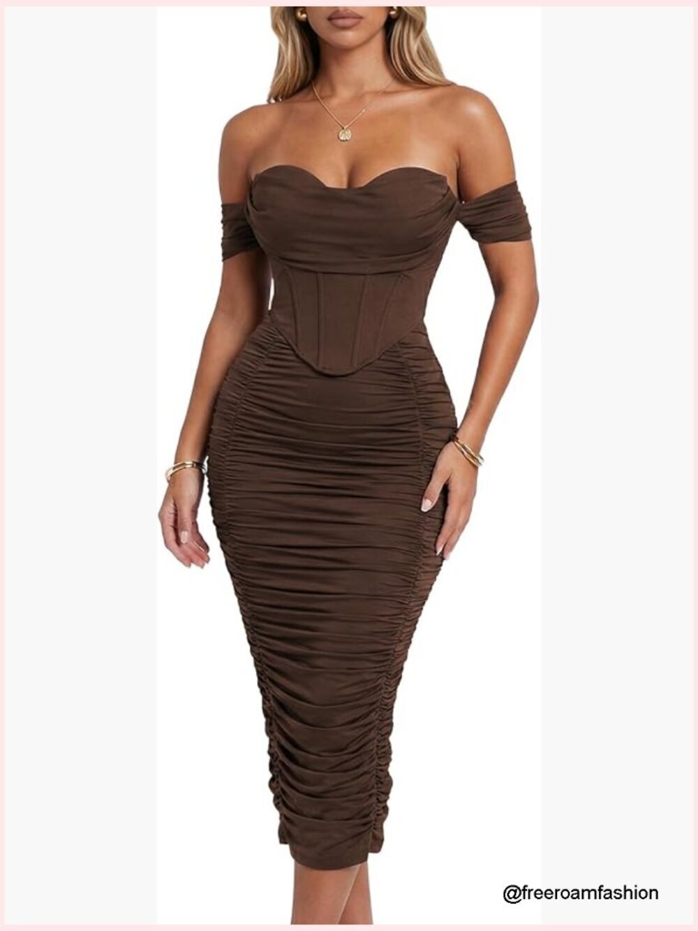 Off Shoulder Midi Dress Built-in Bra Ruched Corset Bodycon Formal Cocktail